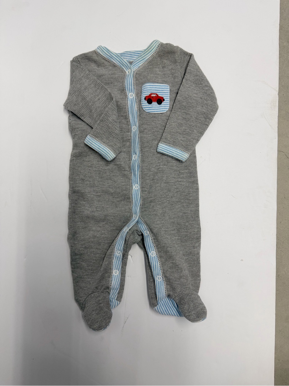 Kidgets Gray Footed One-Piece with Blue Trim and Red Car Patch